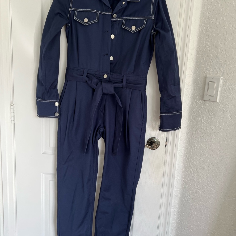 Blue and White Jumpsuit with Belted Waist and Straight Leg